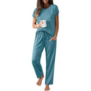 Ekouaer Womens Pajama Sets Cap Sleeve Sleepwear Tops and Long Pants Comfy Pjs 2 Piece Lounge Set with Pockets S-XXL(Blue Green)