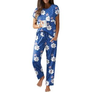 Ekouaer Womens Pajama Sets Cap Sleeve Sleepwear Tops and Long Pants Comfy Pjs 2 Piece Lounge Set with Pockets S-XXL(Blue Leopard Floral)