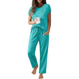 Ekouaer Womens Pajama Sets Cap Sleeve Sleepwear Tops and Long Pants Comfy Pjs 2 Piece Lounge Set with Pockets S-XXL(Ceramic Green)