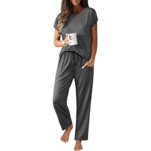 Ekouaer Womens Pajama Sets Cap Sleeve Sleepwear Tops and Long Pants Comfy Pjs 2 Piece Lounge Set with Pockets S-XXL(Dark Grey)
