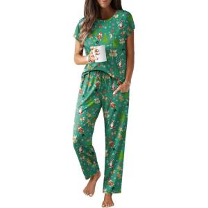 Ekouaer Womens Pajama Sets Cap Sleeve Sleepwear Tops and Long Pants Comfy Pjs 2 Piece Lounge Set with Pockets S-XXL(Green Christmas)