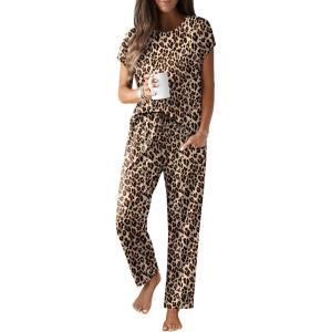 Ekouaer Womens Pajama Sets Cap Sleeve Sleepwear Tops and Long Pants Comfy Pjs 2 Piece Lounge Set with Pockets S-XXL(Leopard)