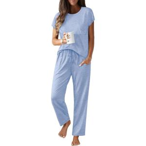 Ekouaer Womens Pajama Sets Cap Sleeve Sleepwear Tops and Long Pants Comfy Pjs 2 Piece Lounge Set with Pockets S-XXL(Light Blue)