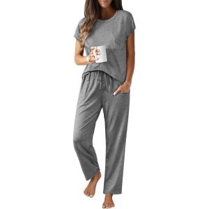 Ekouaer Womens Pajama Sets Cap Sleeve Sleepwear Tops and Long Pants Comfy Pjs 2 Piece Lounge Set with Pockets S-XXL(Light Grey)