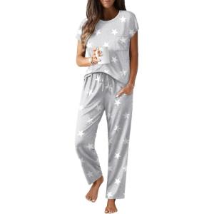 Ekouaer Womens Pajama Sets Cap Sleeve Sleepwear Tops and Long Pants Comfy Pjs 2 Piece Lounge Set with Pockets S-XXL(Light Grey Stars)