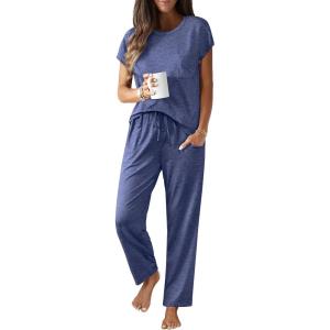 Ekouaer Womens Pajama Sets Cap Sleeve Sleepwear Tops and Long Pants Comfy Pjs 2 Piece Lounge Set with Pockets S-XXL(Navy Blue)