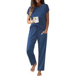 Ekouaer Womens Pajama Sets Cap Sleeve Sleepwear Tops and Long Pants Comfy Pjs 2 Piece Lounge Set with Pockets S-XXL(Navy Blue Dots)