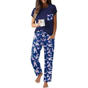 Ekouaer Womens Pajama Sets Cap Sleeve Sleepwear Tops and Long Pants Comfy Pjs 2 Piece Lounge Set with Pockets S-XXL(Navy Blue Flamingo)