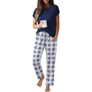 Ekouaer Womens Pajama Sets Cap Sleeve Sleepwear Tops and Long Pants Comfy Pjs 2 Piece Lounge Set with Pockets S-XXL(Navy Blue Plaid)