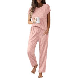 Ekouaer Womens Pajama Sets Cap Sleeve Sleepwear Tops and Long Pants Comfy Pjs 2 Piece Lounge Set with Pockets S-XXL(Pink Dots)