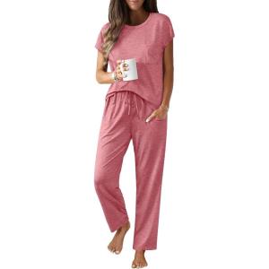 Ekouaer Womens Pajama Sets Cap Sleeve Sleepwear Tops and Long Pants Comfy Pjs 2 Piece Lounge Set with Pockets S-XXL(Purple Red)