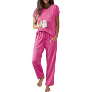 Ekouaer Womens Pajama Sets Cap Sleeve Sleepwear Tops and Long Pants Comfy Pjs 2 Piece Lounge Set with Pockets S-XXL(Rose Red)