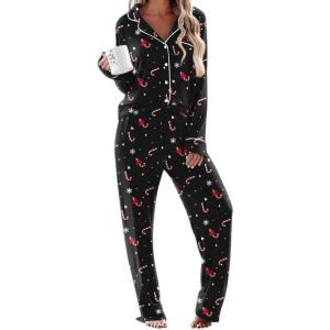 Ekouaer Women’s Pajama Sets Long Sleeve Sleepwear Comfy Button Down Nightwear Long Pants Pjs Lounge Set with Pockets S-XXL(Christmas Black)