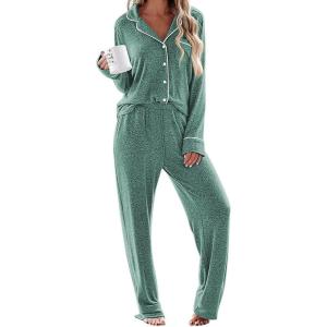 Ekouaer Women’s Pajama Sets Long Sleeve Sleepwear Comfy Button Down Nightwear Long Pants Pjs Lounge Set with Pockets S-XXL(Green)