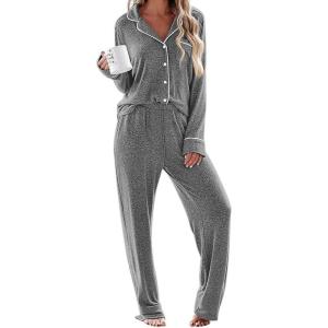 Ekouaer Women’s Pajama Sets Long Sleeve Sleepwear Comfy Button Down Nightwear Long Pants Pjs Lounge Set with Pockets S-XXL(Grey)