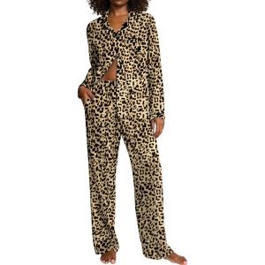 Ekouaer Women’s Pajama Sets Long Sleeve Sleepwear Comfy Button Down Nightwear Long Pants Pjs Lounge Set with Pockets S-XXL(Leopard Apricot Black)