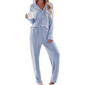 Ekouaer Women’s Pajama Sets Long Sleeve Sleepwear Comfy Button Down Nightwear Long Pants Pjs Lounge Set with Pockets S-XXL(Light Blue)