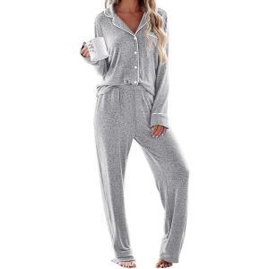 Ekouaer Women’s Pajama Sets Long Sleeve Sleepwear Comfy Button Down Nightwear Long Pants Pjs Lounge Set with Pockets S-XXL(Light Grey)