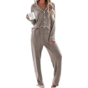 Ekouaer Women’s Pajama Sets Long Sleeve Sleepwear Comfy Button Down Nightwear Long Pants Pjs Lounge Set with Pockets S-XXL(Light Khaki)