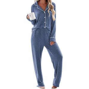 Ekouaer Women’s Pajama Sets Long Sleeve Sleepwear Comfy Button Down Nightwear Long Pants Pjs Lounge Set with Pockets S-XXL(Navy)