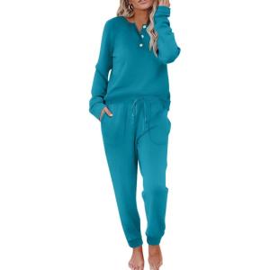 Ekouaer Womens Pajamas Long Sleeve Jogger Sets Comfy Pjs Soft Loungewear 2 Piece Lounge Sets with Pockets S-XXL(Blue Green)