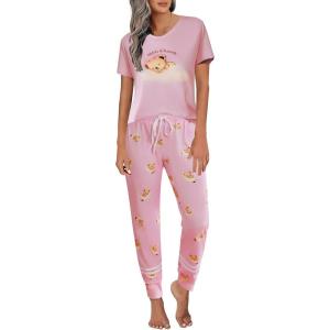 Ekouaer Womens Pajamas Set 2 Piece Lounge Pj Set Short Sleeve Sleepwear Tops with Joggers Pants Loungewear Print Nightwear(Blue Teddy)