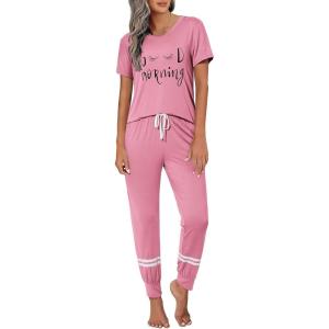 Ekouaer Womens Pajamas Set 2 Piece Lounge Pj Set Short Sleeve Sleepwear Tops with Joggers Pants Loungewear Print Nightwear(Dark Pink)