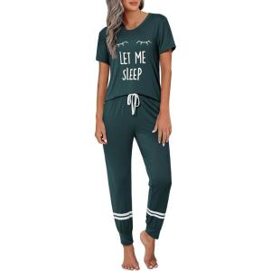 Ekouaer Womens Pajamas Set 2 Piece Lounge Pj Set Short Sleeve Sleepwear Tops with Joggers Pants Loungewear Print Nightwear(Deep Green)