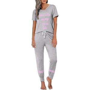 Ekouaer Womens Pajamas Set 2 Piece Lounge Pj Set Short Sleeve Sleepwear Tops with Joggers Pants Loungewear Print Nightwear(Light Grey2)