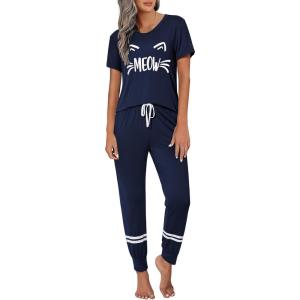 Ekouaer Womens Pajamas Set 2 Piece Lounge Pj Set Short Sleeve Sleepwear Tops with Joggers Pants Loungewear Print Nightwear(Navy Blue)