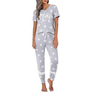 Ekouaer Womens Pajamas Set 2 Piece Lounge Pj Set Short Sleeve Sleepwear Tops with Joggers Pants Loungewear Print Nightwear(Pattern4)