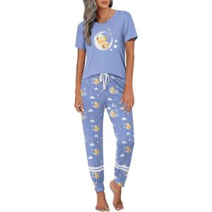 Ekouaer Womens Pajamas Set 2 Piece Lounge Pj Set Short Sleeve Sleepwear Tops with Joggers Pants Loungewear Print Nightwear(Pink Teddy)