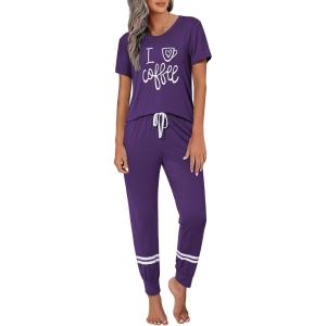 Ekouaer Womens Pajamas Set 2 Piece Lounge Pj Set Short Sleeve Sleepwear Tops with Joggers Pants Loungewear Print Nightwear(Purple)