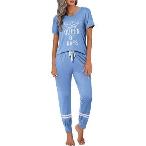 Ekouaer Womens Pajamas Set 2 Piece Lounge Pj Set Short Sleeve Sleepwear Tops with Joggers Pants Loungewear Print Nightwear(Sky Blue)
