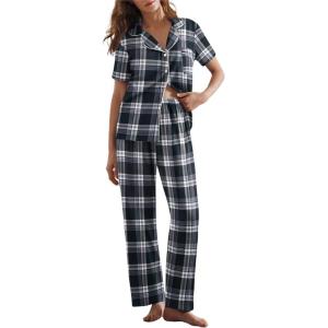 Ekouaer Womens Pajamas Set Plaid PJs Soft Button Down Sleepwear Short Sleeve Nightwear with Long Pants(Big Black Plaid)