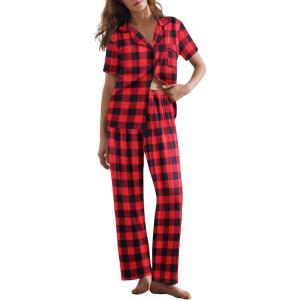 Ekouaer Womens Pajamas Set Plaid PJs Soft Button Down Sleepwear Short Sleeve Nightwear with Long Pants(Big Red Plaid)