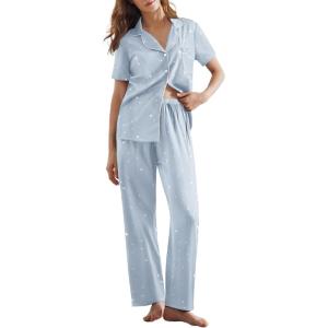 Ekouaer Womens Pajamas Set Plaid PJs Soft Button Down Sleepwear Short Sleeve Nightwear with Long Pants(Blue Star)