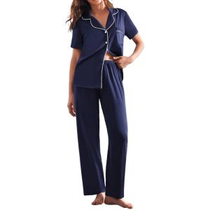 Ekouaer Womens Pajamas Set Plaid PJs Soft Button Down Sleepwear Short Sleeve Nightwear with Long Pants(Navy Blue)