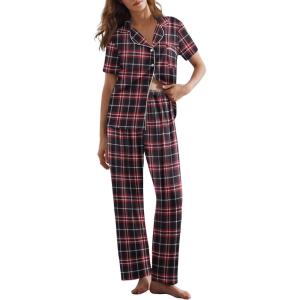 Ekouaer Womens Pajamas Set Plaid PJs Soft Button Down Sleepwear Short Sleeve Nightwear with Long Pants(Small Red Plaid)
