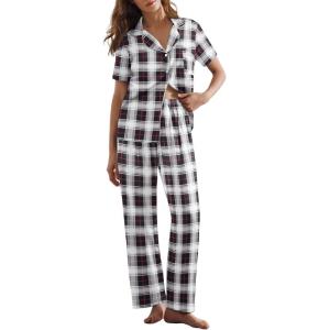 Ekouaer Womens Pajamas Set Plaid PJs Soft Button Down Sleepwear Short Sleeve Nightwear with Long Pants(Small White Plaid)