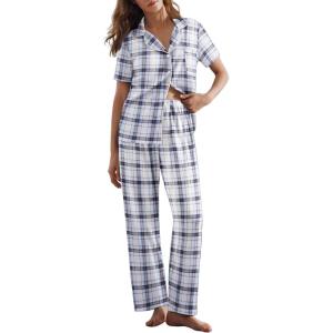 Ekouaer Womens Pajamas Set Plaid PJs Soft Button Down Sleepwear Short Sleeve Nightwear with Long Pants(White Plaid)