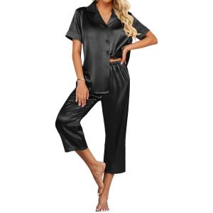 Ekouaer Womens Satin Pajamas Silk Capri Pjs 2 Piece Lounge Sets Short Sleeve Button Down Sleepwear(Black)