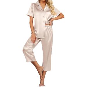 Ekouaer Womens Satin Pajamas Silk Capri Pjs 2 Piece Lounge Sets Short Sleeve Button Down Sleepwear(Champagne)
