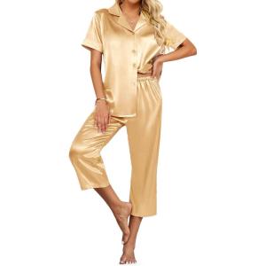 Ekouaer Womens Satin Pajamas Silk Capri Pjs 2 Piece Lounge Sets Short Sleeve Button Down Sleepwear(Light Camel Color)