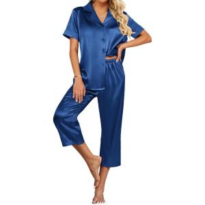 Ekouaer Womens Satin Pajamas Silk Capri Pjs 2 Piece Lounge Sets Short Sleeve Button Down Sleepwear(Navy Blue)