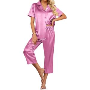Ekouaer Womens Satin Pajamas Silk Capri Pjs 2 Piece Lounge Sets Short Sleeve Button Down Sleepwear(Purple)