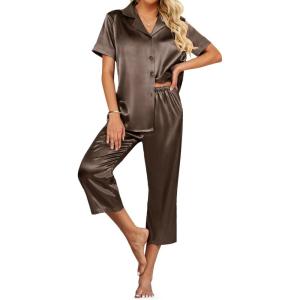 Ekouaer Womens Satin Pajamas Silk Capri Pjs 2 Piece Lounge Sets Short Sleeve Button Down Sleepwear(Sudan Brown)