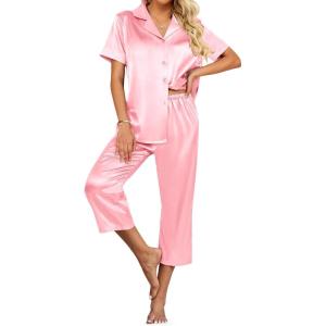 Ekouaer Womens Satin Pajamas Silk Capri Pjs 2 Piece Lounge Sets Short Sleeve Button Down Sleepwear(Veiled Rose)