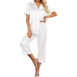 Ekouaer Womens Satin Pajamas Silk Capri Pjs 2 Piece Lounge Sets Short Sleeve Button Down Sleepwear(White)