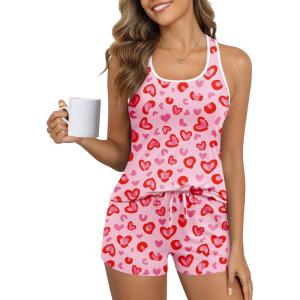 Ekouaer Womens Tank Top Pajama Set Comfy Sleeveless Sleepwear Racerback Cami and Shorts Pjs 2 Piece Summer Loungewear(Leopard Heart)